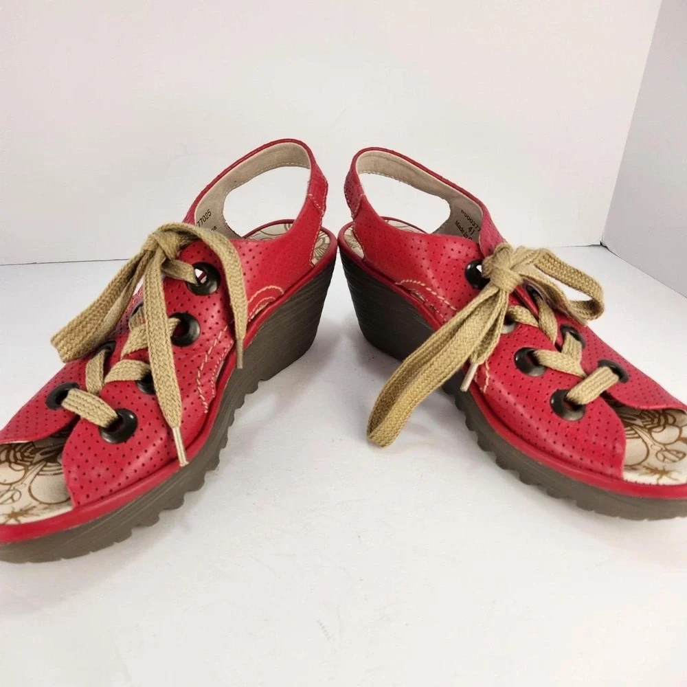 FLY London YLVA Women's 41 US 10 Red Leather Perforated Lace Up Wedge Sandals